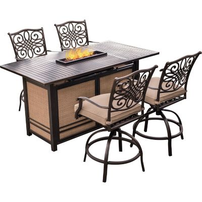 Hanover 5 pc. Traditions High-Dining Set, Includes 4 Tall Swivel Chairs and 30,000 BTU Fire Pit Dining Table, Tan