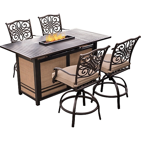 Hanover 5 pc. Traditions High-Dining Set, Includes 4 Tall Swivel Chairs and 30,000 BTU Fire Pit Dining Table, Tan