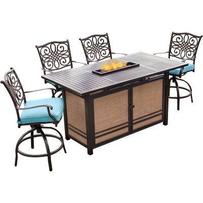 Hanover 5 pc. Traditions High-Dining Set, Includes 4 Tall Swivel Chairs and Fire Pit Dining Table, Blue, 30,000 BTU