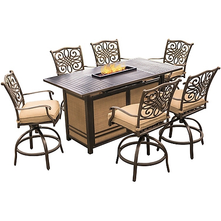 Hanover Traditions 7-Piece High-Dining Set in Tan with 30,000 BTU Fire Pit Table
