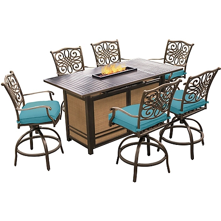 Hanover 7 pc. Traditions High-Dining Set, Includes 30,000 BTU Fire Pit Table, Blue