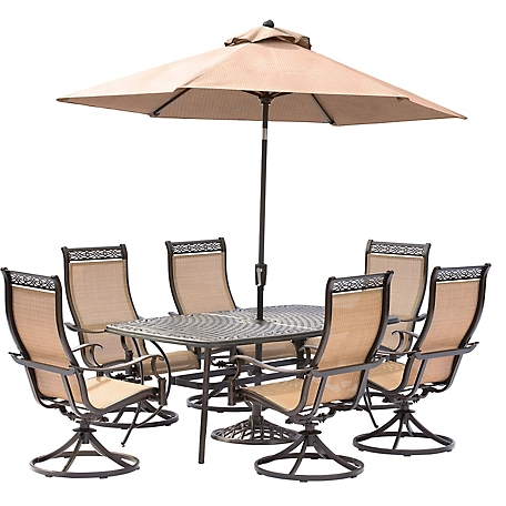 Hanover 7 pc. Manor Outdoor Dining Set, Includes 6 Swivel Rockers, Cast-Top Dining Table and Umbrella/Stand, MANDN7PCSW-6-SU