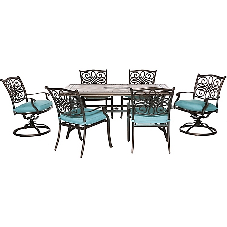 Hanover Monaco 7 pc. Patio Dining Set, with 4 Dining Chairs, 2 Swivel Rockers, and a Tile-Top Table, MONDN7PCSW-2-BLU