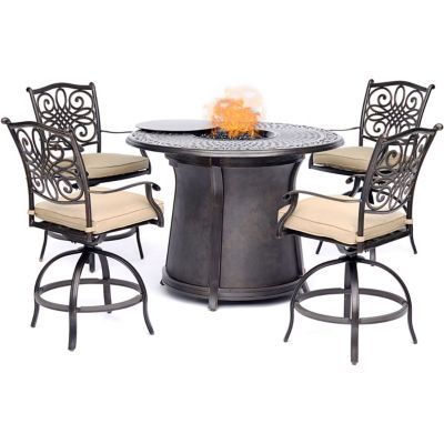 Hanover Traditions 5 pc. High-Dining Set, 4 Swivel Chairs and a 40,000 BTU Cast-Top Fire Pit Table, Tan