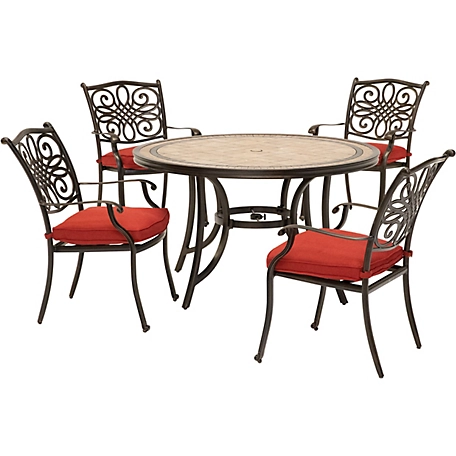 Hanover Monaco 5 pc. Patio Dining Set, 4 Cushioned Dining Chairs and a Tile-Top Table, Red
