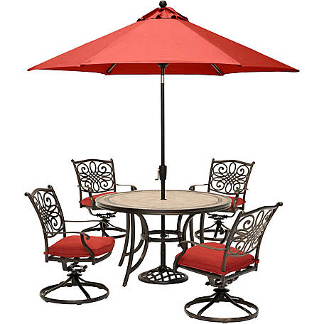 Hanover Monaco 5 Pc Outdoor Furniture Patio Dining Set 4 Rocker Chairs 51 In Round Table Umbrella Base Mondn5pcsw4 Su B At Tractor Supply Co - Outdoor Patio Table With Umbrella Set