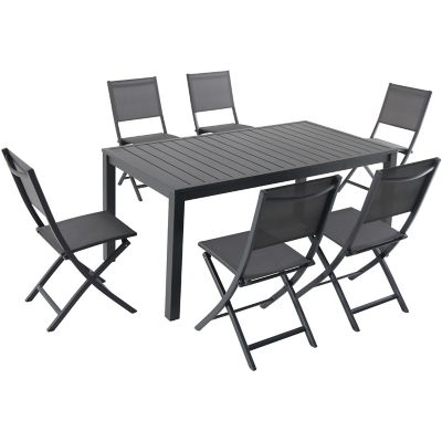 Hanover Naples 7-Piece Outdoor Dining Set with 6 Sling Folding Chairs in Gray and a 63" x 35" Dining Table