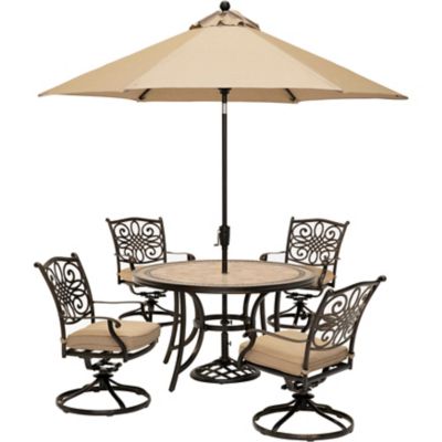 Hanover 5 pc. Monaco Dining Set, Includes 4 Cushioned Swivel Rockers, Tile-Top Table and Umbrella