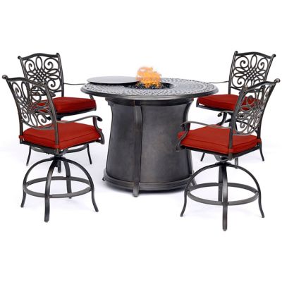 Hanover Traditions 5 pc. High-Dining Set, 4 Swivel Chairs and a 40,000 BTU Cast-Top Fire Pit Table, Red
