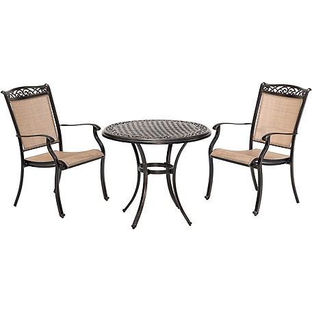 Hanover Fontana 3-Piece Bistro Set with 2 Sling Chairs and a 32-in. Cast-Top Table