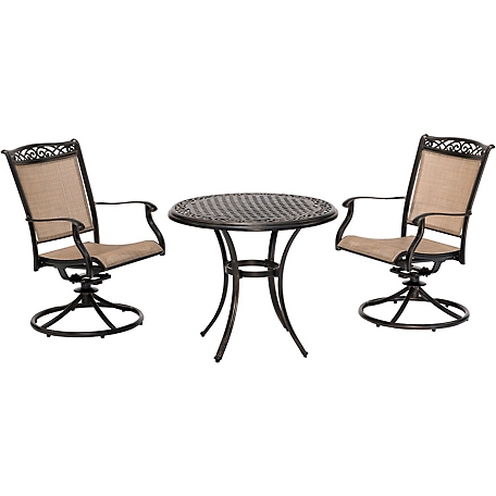 Hanover Fontana 3-Piece Bistro Set with 2 Sling Swivel Rockers and a 32-in. Cast-Top Table
