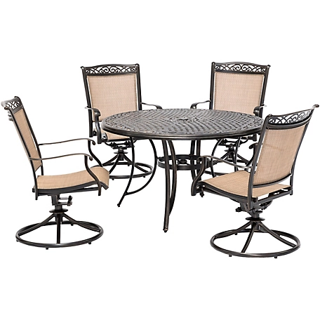 Hanover 5 pc. Fontana Outdoor Dining Set, Includes 4 Sling Swivel Rockers and Cast-Top Table