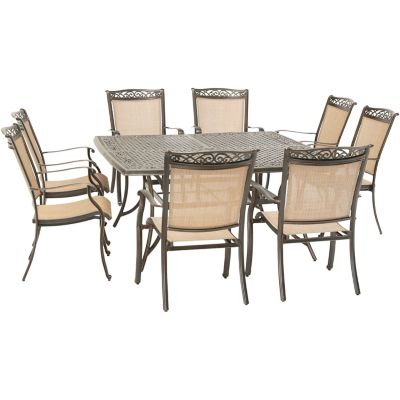 Hanover 9 pc. Fontana Outdoor Dining Set, Includes 8 Sling Chairs and Square Cast-Top Table