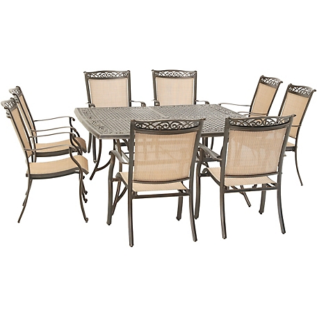 Hanover 9 pc. Fontana Outdoor Dining Set, Includes 8 Sling Chairs and Square Cast-Top Table