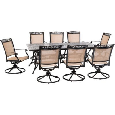 Hanover 9 pc. Fontana Outdoor Dining Set, Includes 8 Sling Swivel Rockers and 42 in. x 84 in. Cast-Top Table