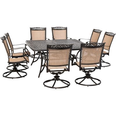 Hanover 9 pc. Fontana Outdoor Dining Set, Includes 8 Sling Swivel Rockers and Square Cast-Top 60 in. Table