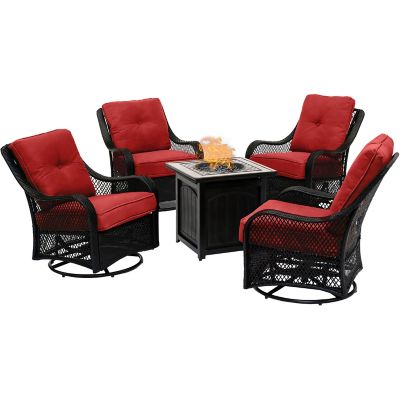Hanover 5 pc. Orleans Fire Pit Chat Set, Includes 4 Woven Swivel Gliders and 26 in. Square Fire Pit Table, Berry