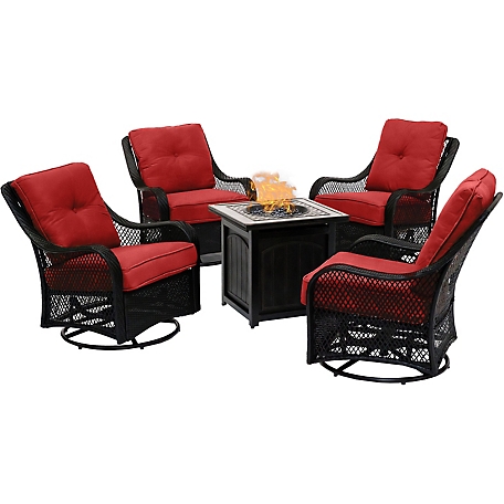 Hanover 5 pc. Orleans Fire Pit Chat Set, Includes 4 Woven Swivel Gliders and 26 in. Square Fire Pit Table, Berry
