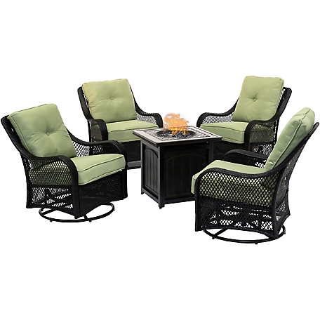 Hanover 5 pc. Orleans Fire Pit Chat Set, Includes 4 Woven Swivel Gliders and 26 in. Square Fire Pit Table, Green