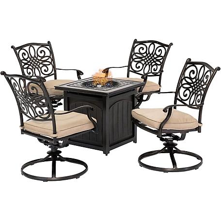 Hanover Traditions 5-Piece Fire Pit Chat Set in Natural Oat with 4 Swivel Rockers and a 26-In. Square Fire Pit Table