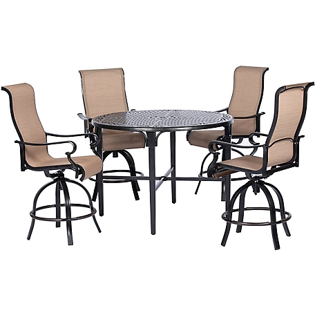 Hanover Brigantine 5-Piece Outdoor High-Dining Set with 4 Contoured-Sling Swivel Chairs and a 50 in. Round Cast-Top Table