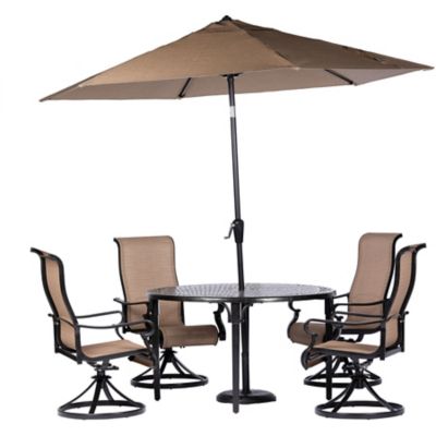 Hanover Brigantine 5 pc. Outdoor Dining Set with 4 Sling Swivel Rockers, Round Cast-Top Table, Umbrella, Base, BRIGDN5PCSWRD-SU
