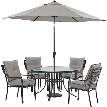Hanover 5 pc. Lavallette Dining Set, Includes 4 Stationary Chairs, Round Glass-Top Table, Umbrella and Base, Silver