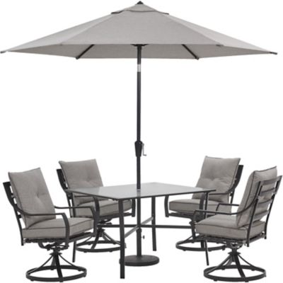 Hanover 5 pc. Lavallette Dining Set, Includes 4 Swivel Rockers, Square Glass-Top Table and Umbrella/Base