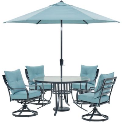 Hanover 5 pc. Lavallette Dining Set, Includes 4 Swivel Rockers, Round Glass-Top Table and Umbrella with Base, Blue