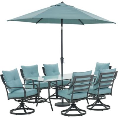 Hanover 7 pc. Lavallette Dining Set, Includes 6 Swivel Rockers, Glass-Top Table and Umbrella/Base