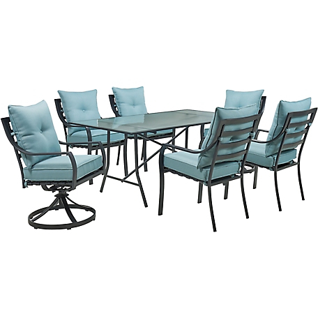 Hanover 7 pc. Lavallette Dining Set, Includes 4 Chairs, 2 Swivel Rockers and Glass-Top Table, Blue