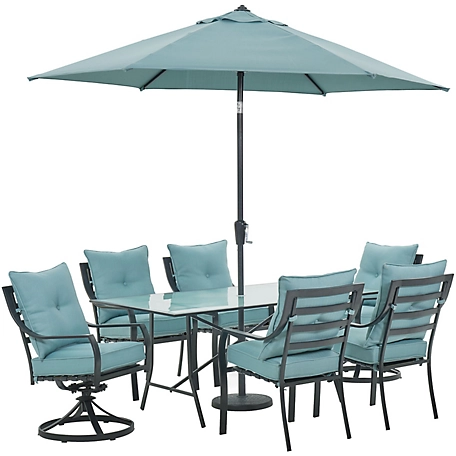 Hanover 7 pc. Lavallette Dining Set, Includes 4 Chairs, 2 Swivel Rockers, Glass-Top Table, Umbrella and Base