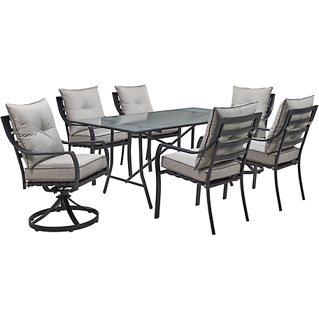 Hanover 7 pc. Lavallette Dining Set, Includes 4 Chairs, 2 Swivel Rockers and Glass-Top Table, Silver