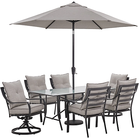 Hanover 7 pc. Lavallette Dining Set, Includes 4 Chairs, 2 Swivel Rockers, Glass-Top Table, Umbrella and Base, Silver