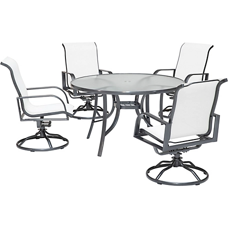 Hanover 5 pc. Phoenix Dining Set, Includes 4 Sling Swivel Rockers and Round Glass-Top Table, White, 48 in.