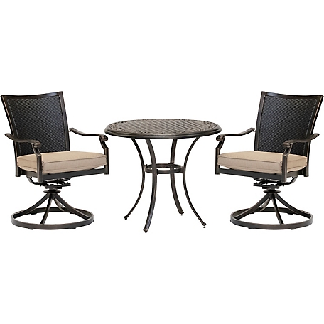 Hanover 3 pc. Traditions Dining Set, Includes 2 Wicker Back Swivel Rockers and Round Cast-Top Table