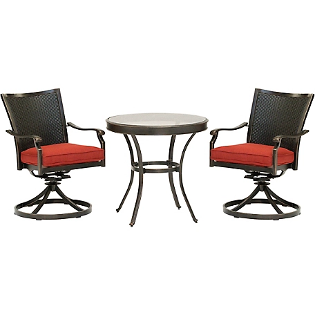 Hanover Traditions 3 pc. Dining Set, 2 Wicker Back Swivel Rockers and Round Glass-Top Table, Red