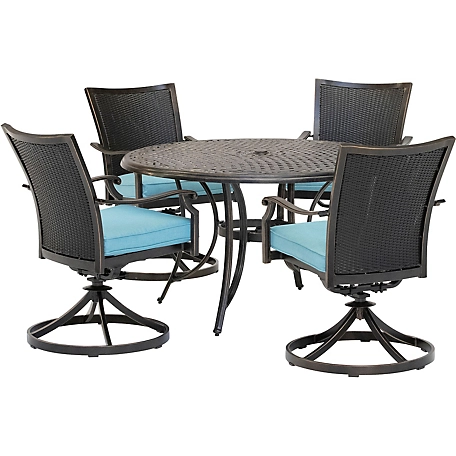 Hanover 5 pc. Traditions Dining Set, Includes 4 Wicker Back Swivel Rockers and 48 in. Cast-Top Table, Blue Bronze