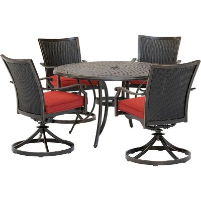Hanover 5 pc. Traditions Dining Set, Includes 4 Wicker Back Swivel Rockers and 48 in. Cast-Top Table, Red Bronze
