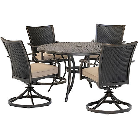 Hanover 5 pc. Traditions Dining Set, Includes 4 Wicker Back Swivel Rockers and 48 in. Cast-Top Table, Blue/Tan Bronze