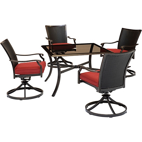 Hanover 5 pc. Traditions Dining Set, Includes 4 Wicker Back Swivel Rockers and Glass-Top Table, Red