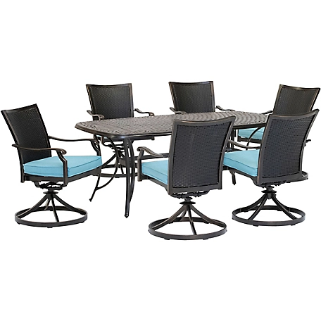 Hanover 7 pc. Traditions Dining Set, Includes 6 Wicker Back Swivel Rockers & Large Cast-Top Table, Blue/Bronze