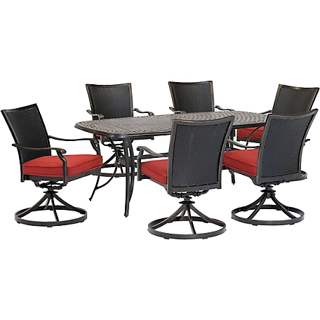 Hanover 7 pc. Traditions Dining Set, Includes 6 Wicker Back Swivel Rockers & Large Cast-Top Table, Red/Bronze