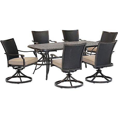 Hanover 7 pc. Traditions Dining Set, Includes 6 Wicker Back Swivel Rockers & Large Cast-Top Table, Tan/Bronze
