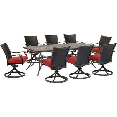 Hanover 9 pc. Traditions Dining Set, Includes 8 Wicker Back Swivel Rockers and Extra-Large Cast-Top Table, Red