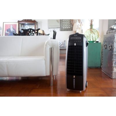 Image showing 5 th Quilo 211 CFM Indoor Portable Tower Fan with Evaporative Cooling, 130 sq. ft., Black/Silver