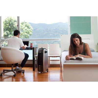 Image showing 7 th Quilo 211 CFM Indoor Portable Tower Fan with Evaporative Cooling, 130 sq. ft., Black/Silver