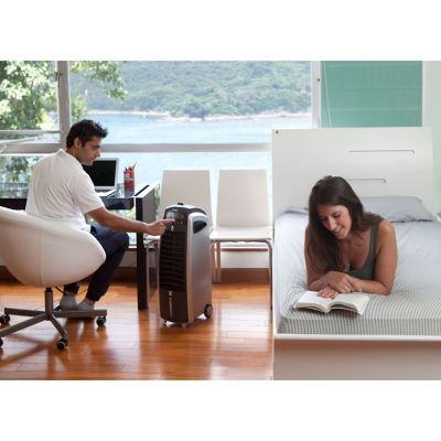 Image showing 8 th Quilo 211 CFM Indoor Portable Tower Fan with Evaporative Cooling, 130 sq. ft., Black/Silver