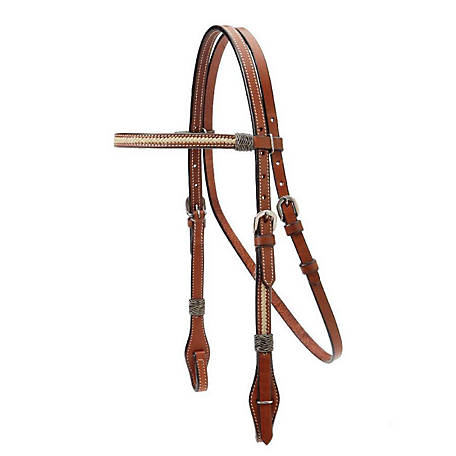 Western Brown Leather Brow band Style Headstall with Spots & Rawhide Braiding 