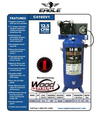 Image showing  5 HP 60 gal. Upright Stationary Air Compressor with Metal Belt Guard, 150 PSI